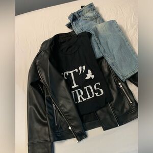 Halloween costume.Leather jacket, jeans and shirt. Size in photo